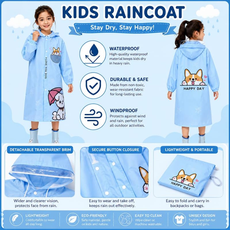 Krystle Kids Waterproof Raincoat for Boys & Girls with School Bag Protection | Hooded Full Length Lightweight Rain Wear for Children (Blue,8-9 Years) 4