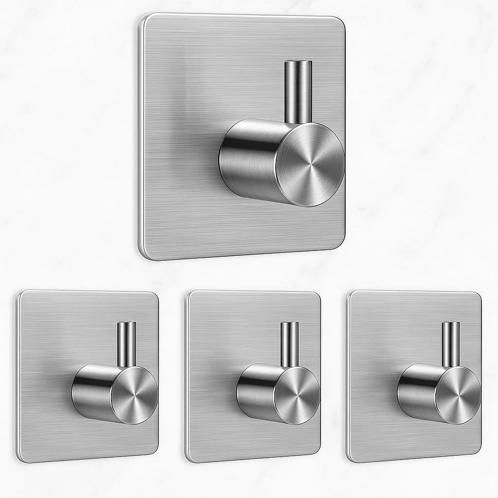 JIALTO 4 pcs Waterproof Stainless Steel Adhesive Hooks - Heavy-Duty Wall Mount Rack for Coats, Hats, Towels, Robes - Ideal for Bathroom and Bedroom Organization (Square Silver)
