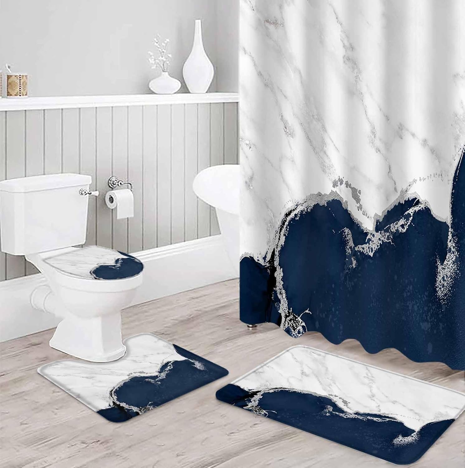 Blue Marble Crack Bathroom Set with Shower Curtain and Rug and Accessories - 66x72 Inches Long Modern Abstract Geometric Texture Bathtub Floor Runner Rug Set Bathtub Curtains Waterproof with Bath Mat