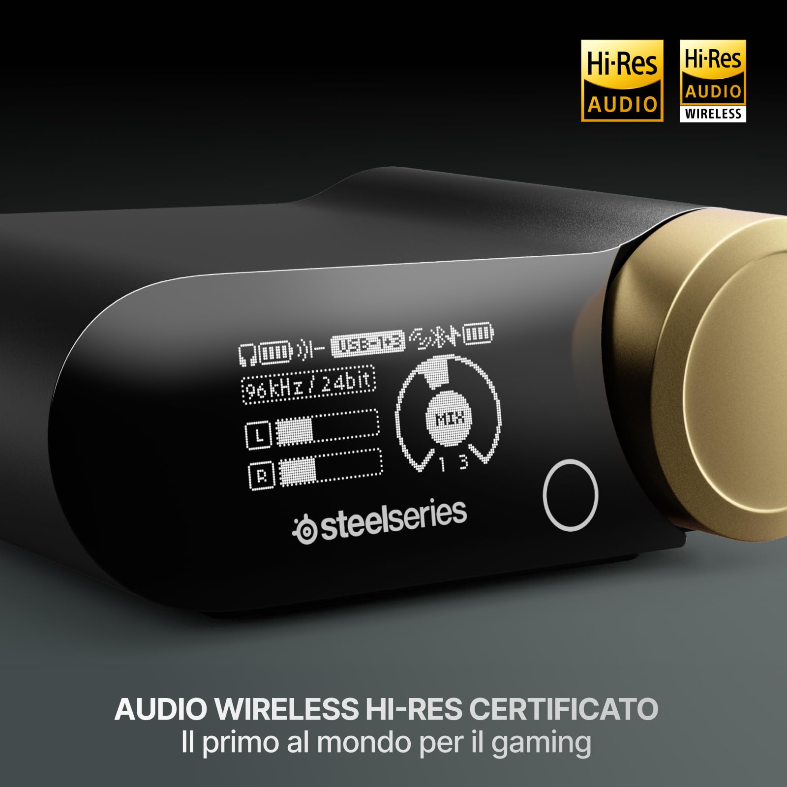 SteelSeries Arctis Nova Elite - Cuffie da gaming wireless - 96kHz/24bit - Speaker in fibra di carbonio - ANC - Eliminaz. rumore con IA - App - 2,4GHz+BT - Multisource; OmniPlay PC+PS+Xbox - Sage&Gold