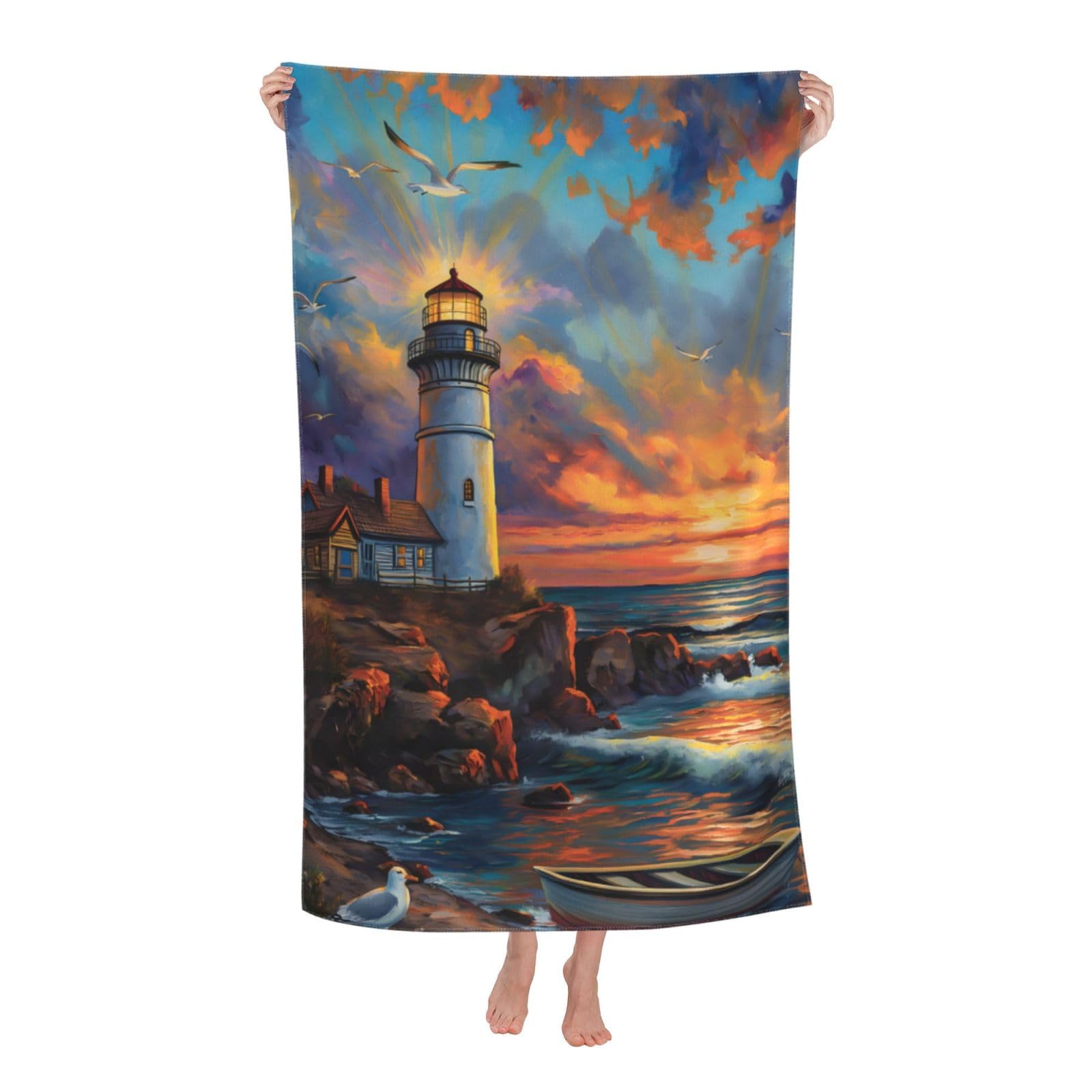 HLBSDM Lighthouse Sunset Beach Towel 31inx51in Coastal Sand Free Microfiber Bath Towel Ultra Soft Quick Dry Pool Towel Absorbent Towel Lightweight Towel for Swimming Bathroom Decor
