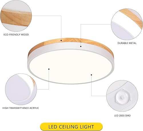 Miniatura 5 de Lámpara de techo moderna de madera, lámpara de techo redonda LED empotrada, lámpara de techo minimalista, accesorios de iluminación de techo blancos