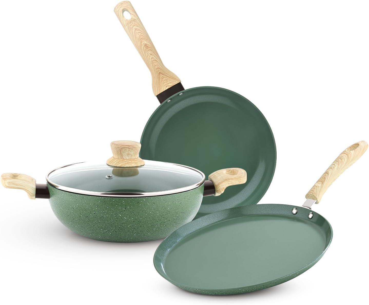 Bergner Greenfield Non-Stick 4 Pcs Cookware Set - 24cm (2.5 L) Kadai with Glass Lid, 24cm Frypan and 28cm Tawa, Ceramic Coating, Even Heat Distribution - Induction Bottom, Diwali/Anniversary Gifting