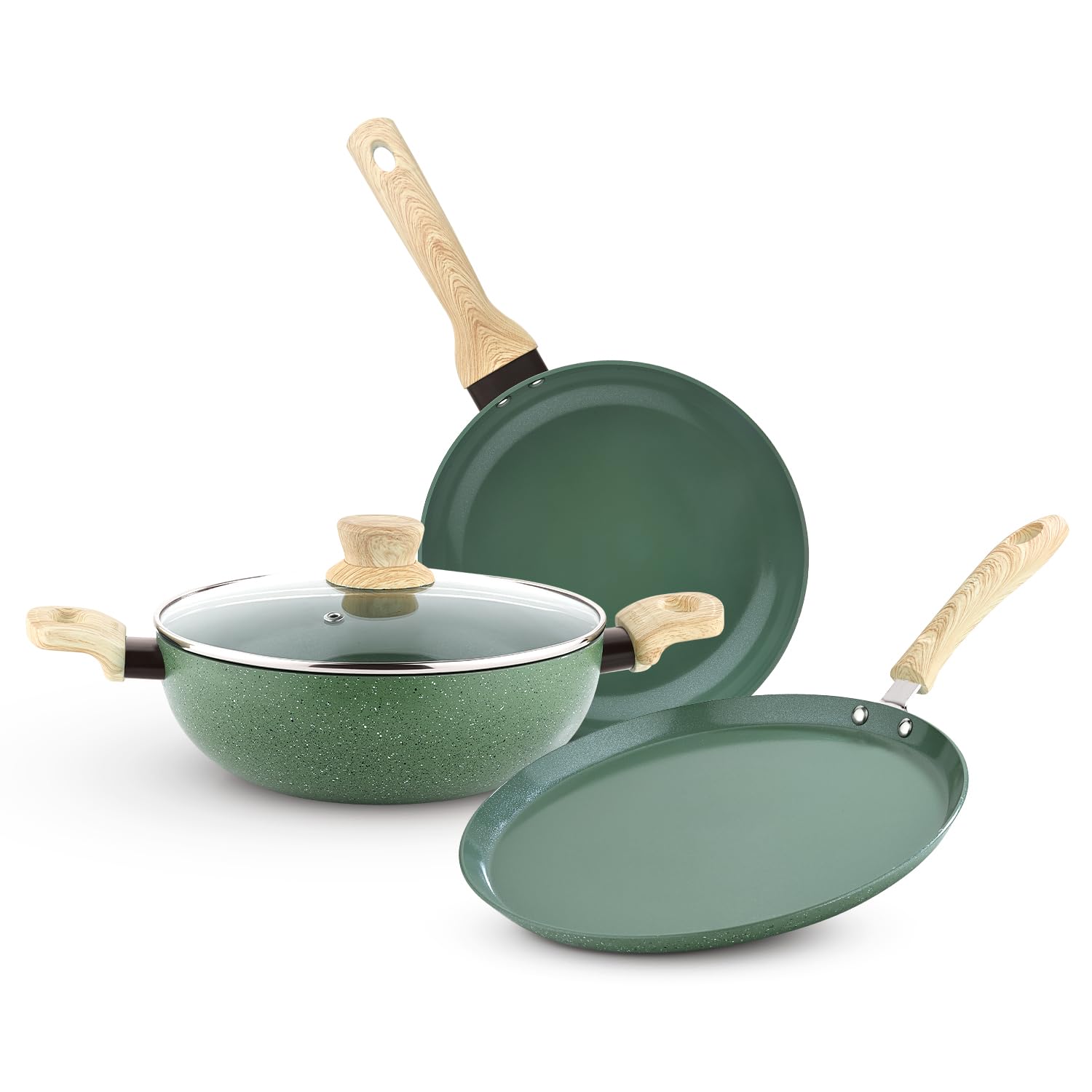 Bergner Greenfield Non-Stick 4 Pcs Cookware Set - 24cm (2.5 L) Kadai with Glass Lid, 24cm Frypan and 28cm Tawa, Ceramic Coating, Even Heat Distribution - Induction Bottom, Diwali/Anniversary Gifting