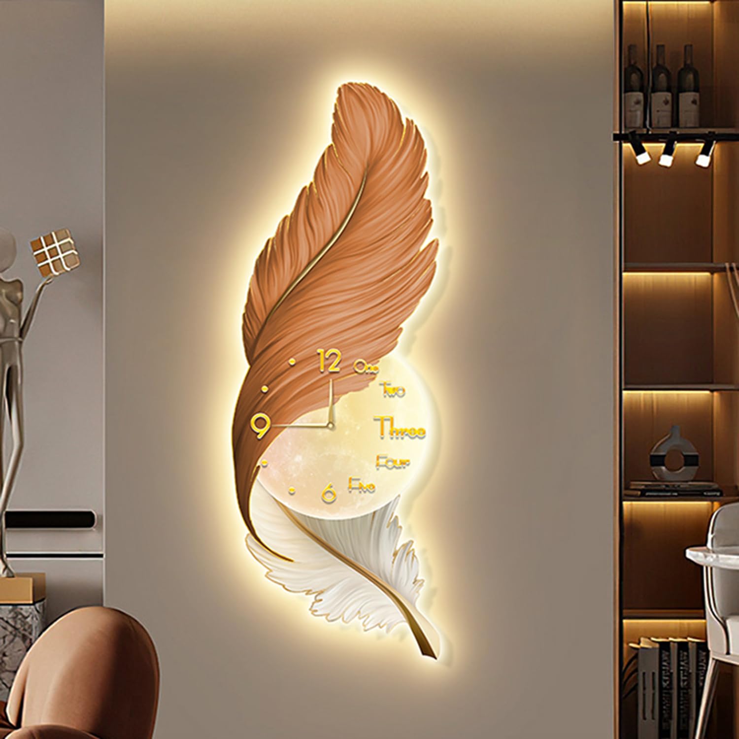LMYSXAOZ Feather Wall Light Decor, Creative Clocks, Modern Hanging Art Sculpture, Large Sconce for Home Entrance Cafe Decoration,D,35 * 100cm