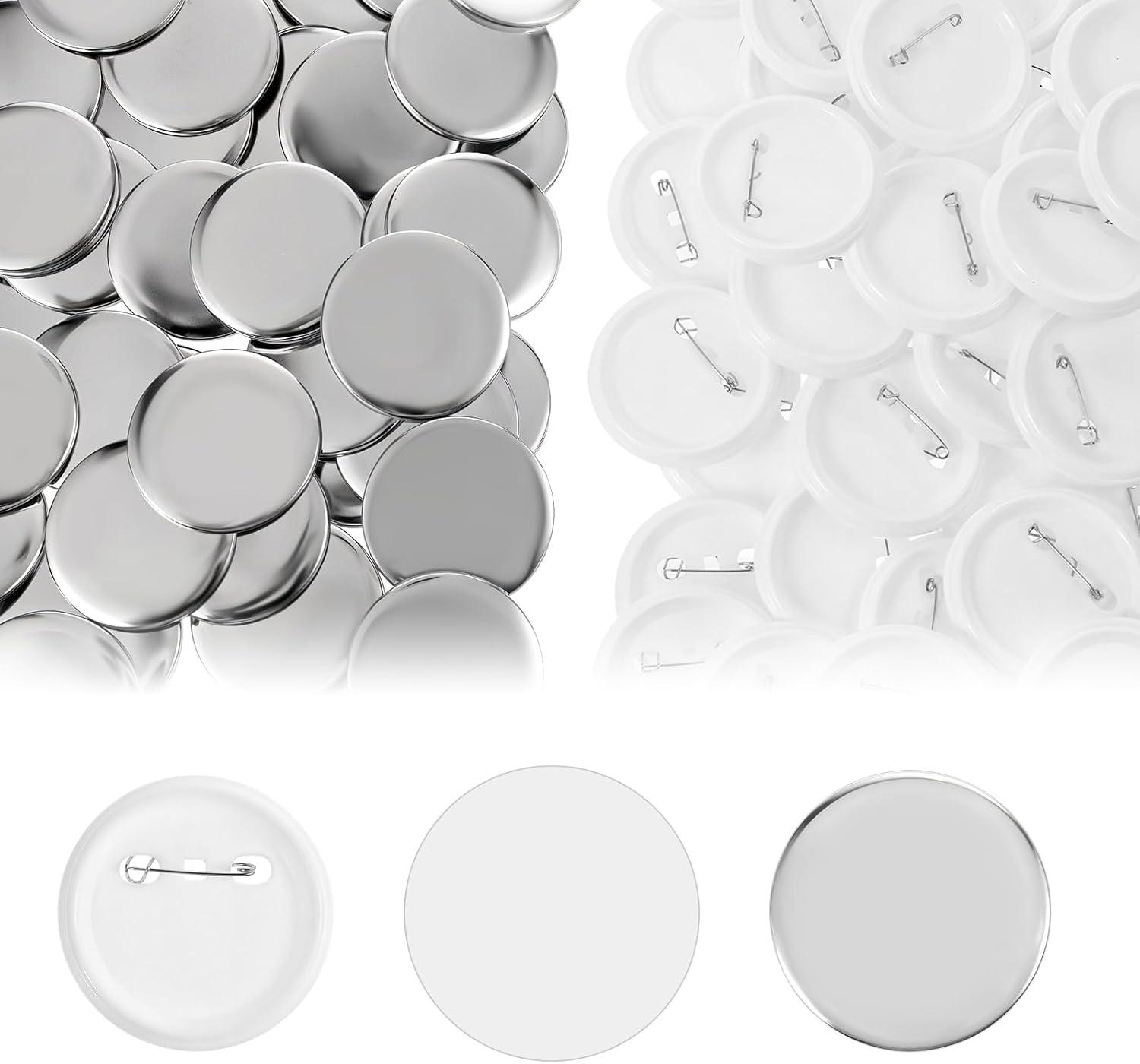 100 Sets Button Maker Supplies, 2.25 Inch Button Supplies with Metal Covers, Plastic Pin Backs and Clear Film Badge Parts Pin Buttons Kit for Buttons Makers Machine Pins Maker Press