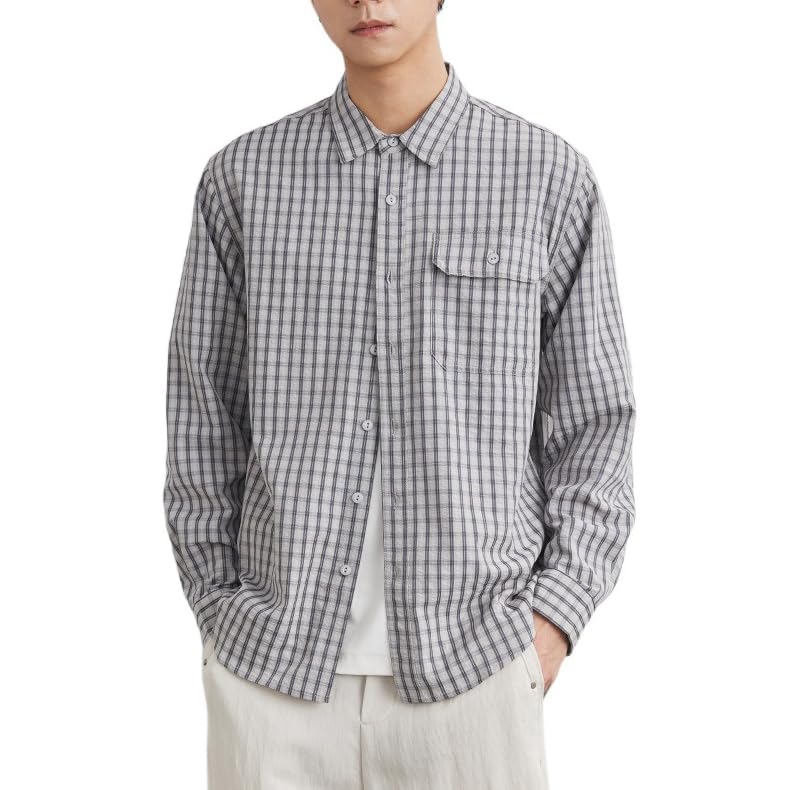 Men's American Vintage Plaid Shirts Spring Fall Long Sleeve Casual Coat with Pockets