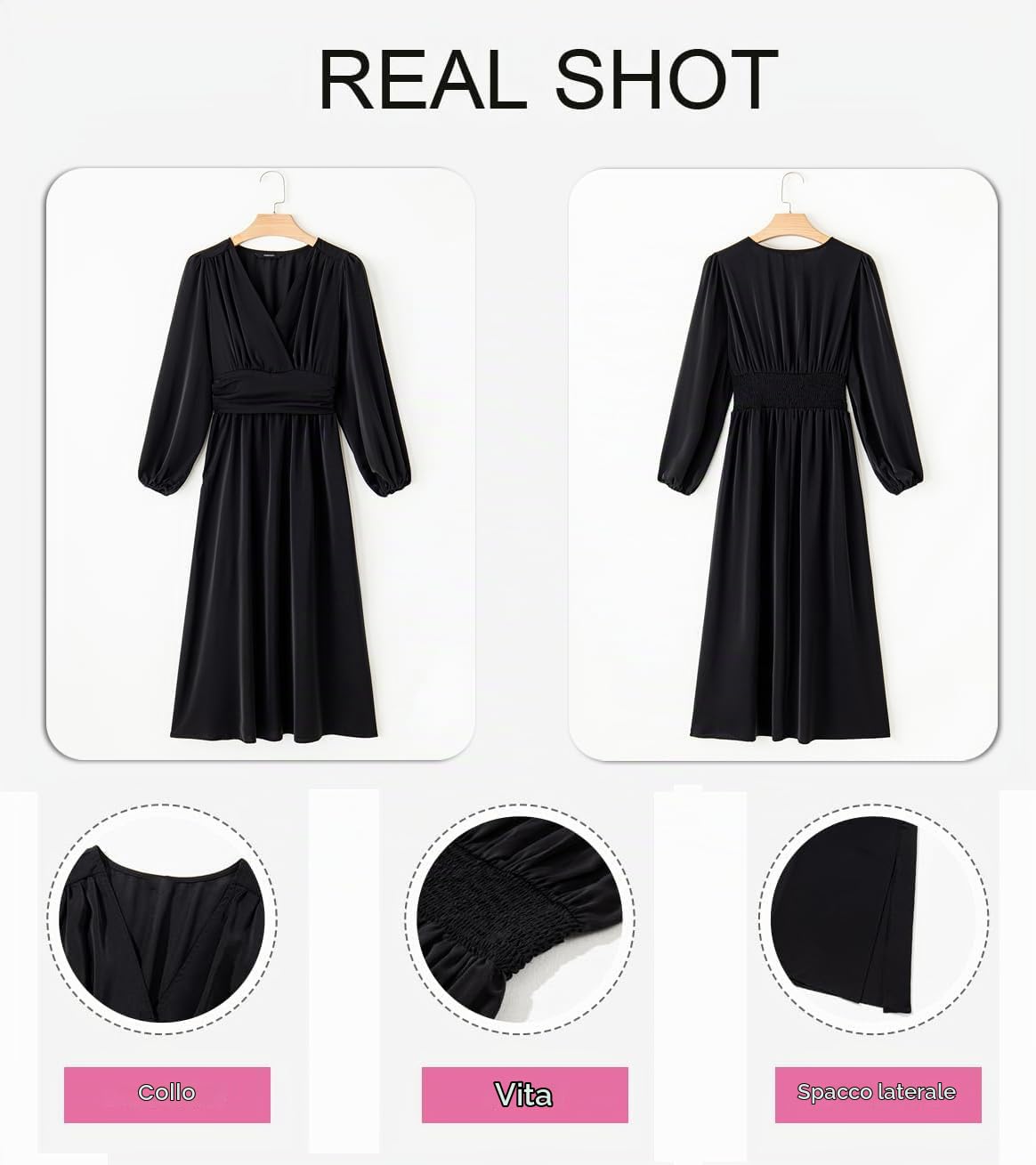 Abito Elegante Donna Scollo a V Plissettato Vita Alta Abito Lungo con 2 Side Spaccato Causal Manica Lanterna Vestiti Autunno Iinverno Abiti