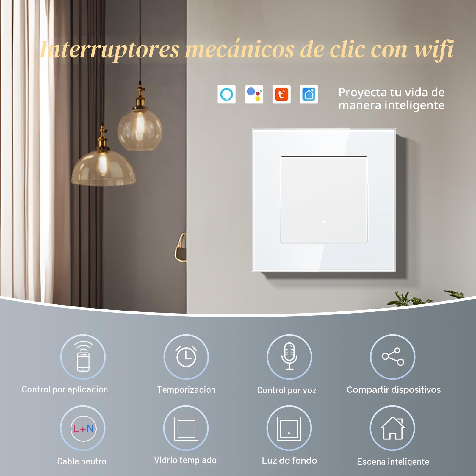 BSEED Interruptor Inteligente WIFI con Vidrio,Basculante Con Pilotitos LED,Requiere Cable Neutro,E-Series,1 Gang 1 Vía,86mm Blanco