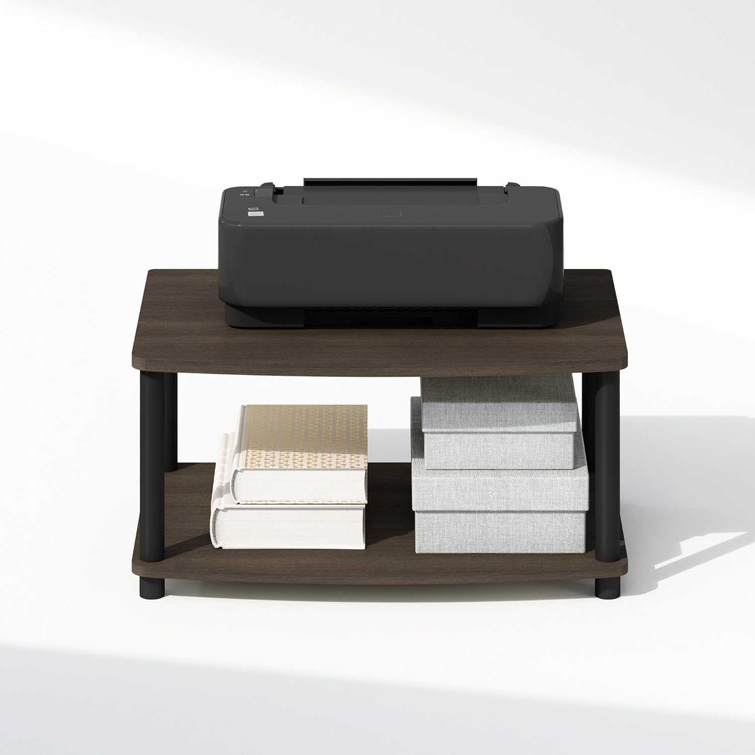 Furinno Turn-N-Tube Printer Stand with Storage, 2-Tier Printer Table, Under Desk Printer Stand, Toolless Assembly, for CPU, Office Supplies, Home Office, Dark Brown