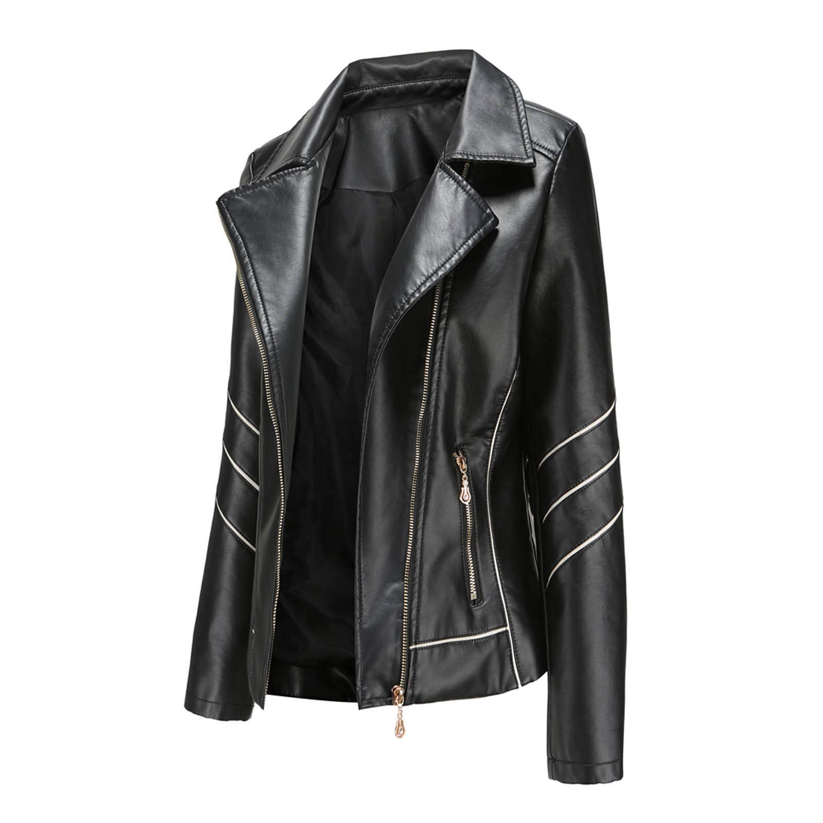 Lederjacke Damen Schwarz ,Bikerjacke Damen Kunstleder, Kunstlederjacke Damen Herbst Revers Motorradjacke mit Reißverschluss Ledermantel Langarm Bekleidung Slim Moto Biker Mantel Jacken Outdoorjacke