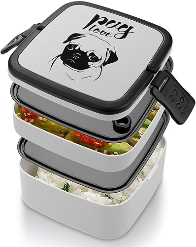Miniatura 4 de Pug Love - Caja Bento de doble capa con estampado de amor, cajas de almuerzo desmontables con cuchara para el trabajo y picnic