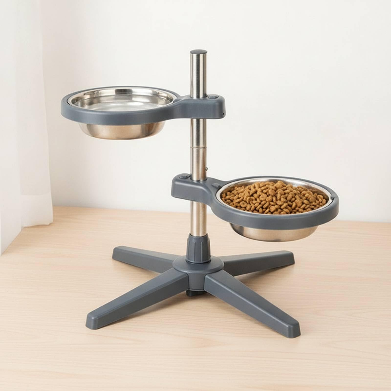 Comedero Elevado para Perros y Gatos Alimentador Ajustable con Dos Platos Soporte Metálico Vertical Estable Bowls de Acero Inoxidable Extraíbles, Gris Oscuro, Grande 21cm