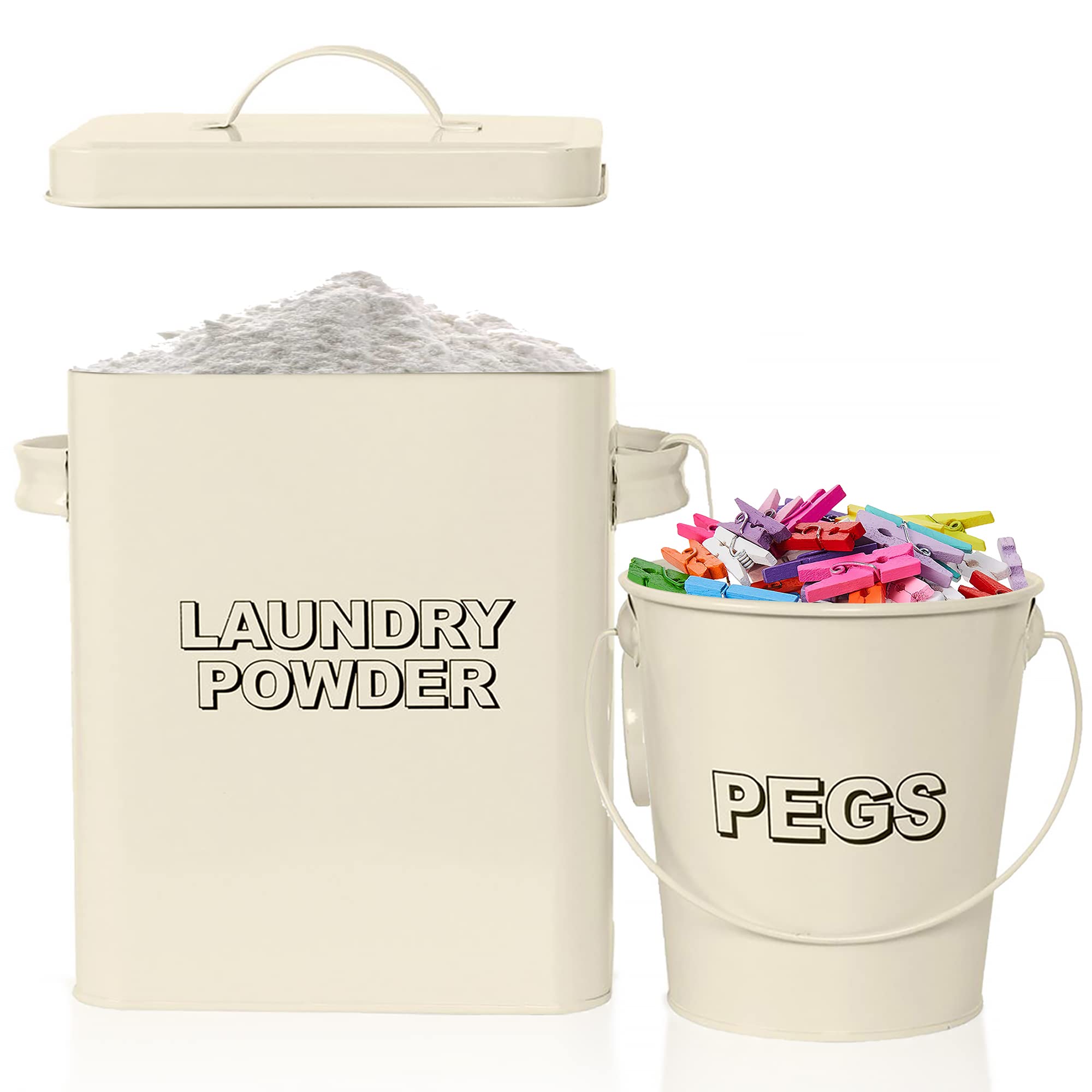 Crystals Cream Laundry Powder Bin, Washing Powder Storage Tin, Metal Detergent Box With Scoop, Pegs Bucket, Airtight Lid And Handles For Storing Soap, Tablets & Other Laundry Powder (Cream)