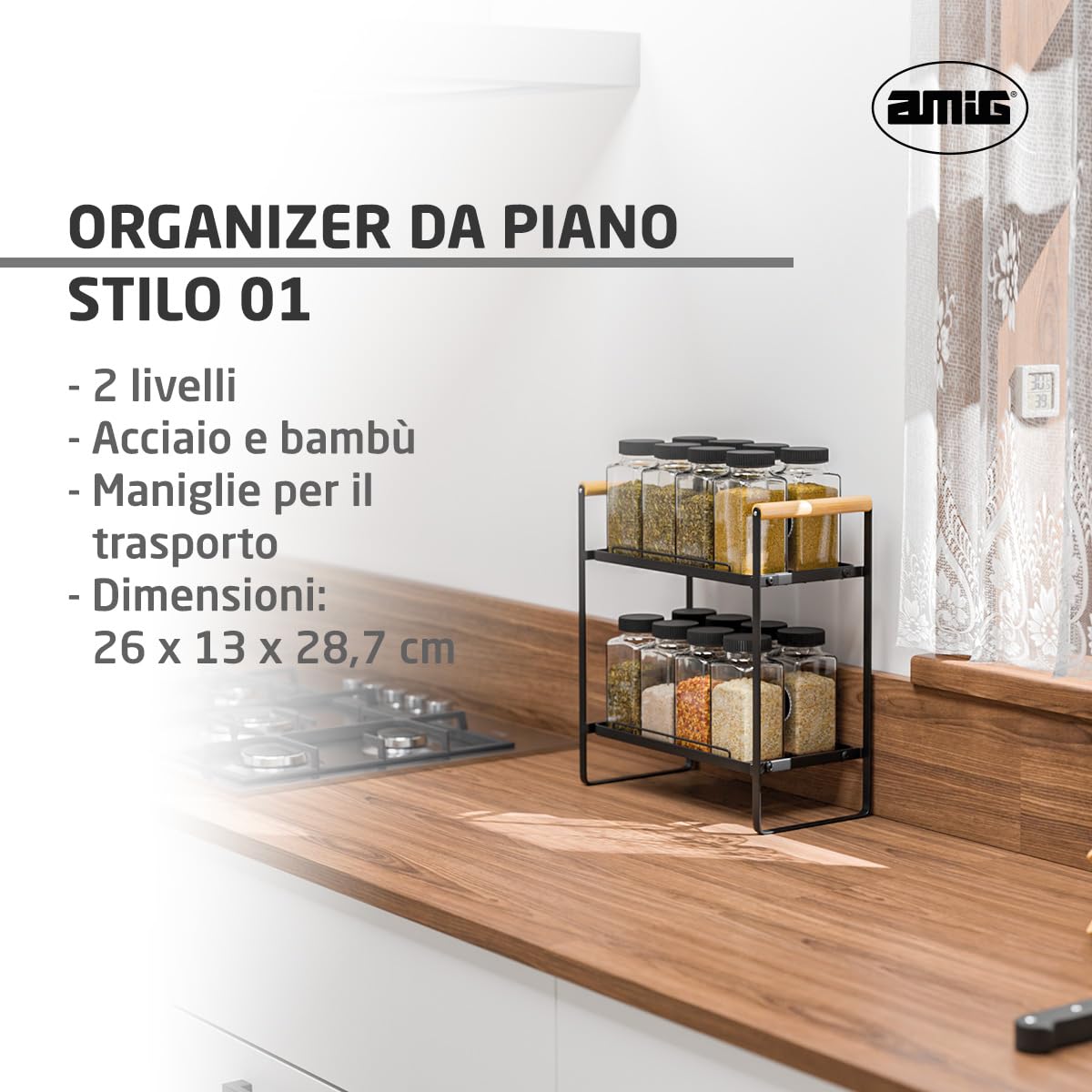 Amig - Scaffale Portatile a 2 Livelli - Organizer per Cucina o Bagno - Acciaio Nero e Bambù - Dimensioni: 260 x 130 x 287 mm