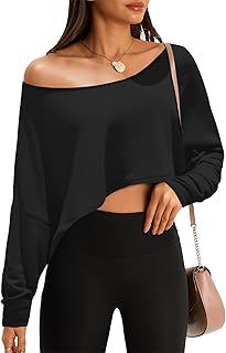 Fisoew Womens Off The Shoulder Cropped Tops Batwing Long Sleeve Loose Fit Summer Boat Neck Workout T Shirts