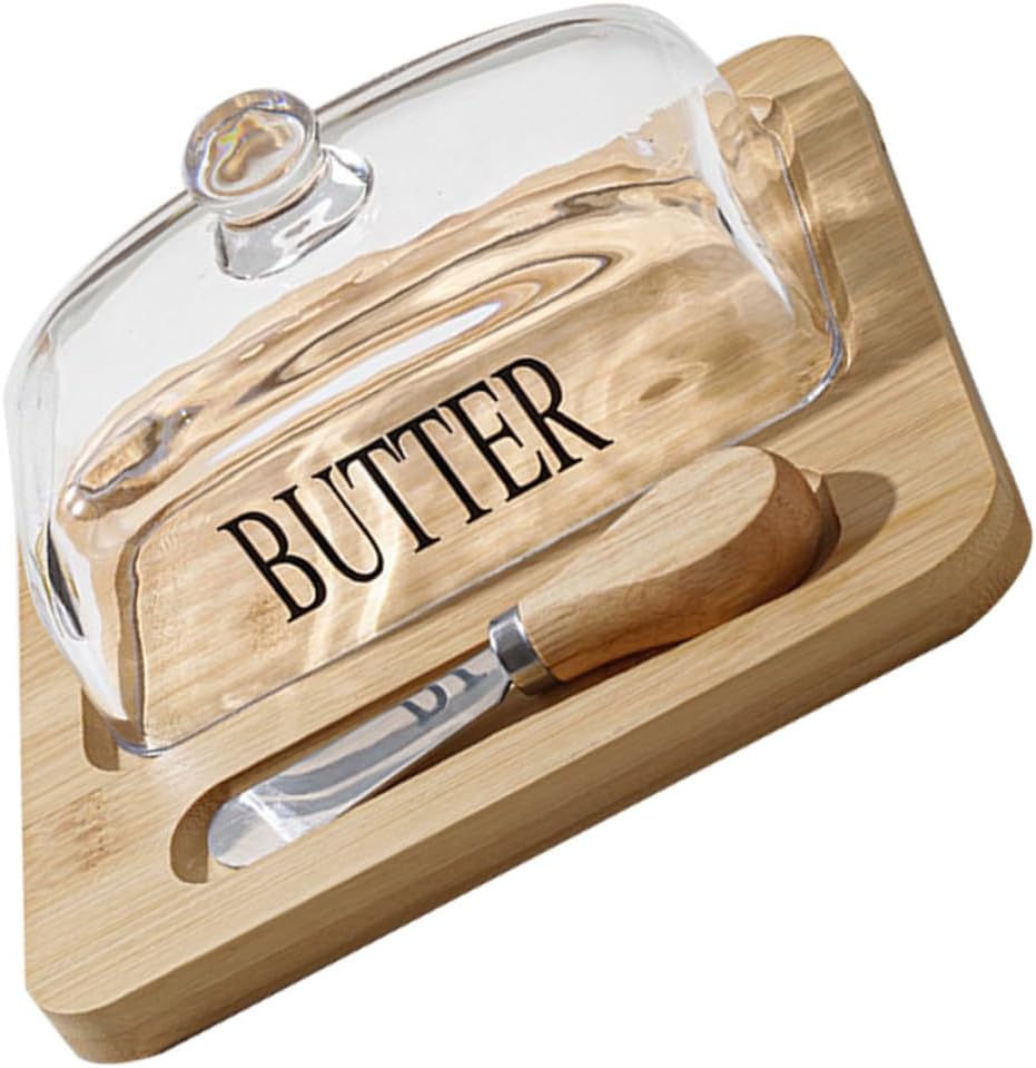 Wood Butter Dish with Glass Dome and Metal Cutter Transparent Square Butter Storage Box with Lid for Freshness Nordic Style for Refrigerator and Table Use