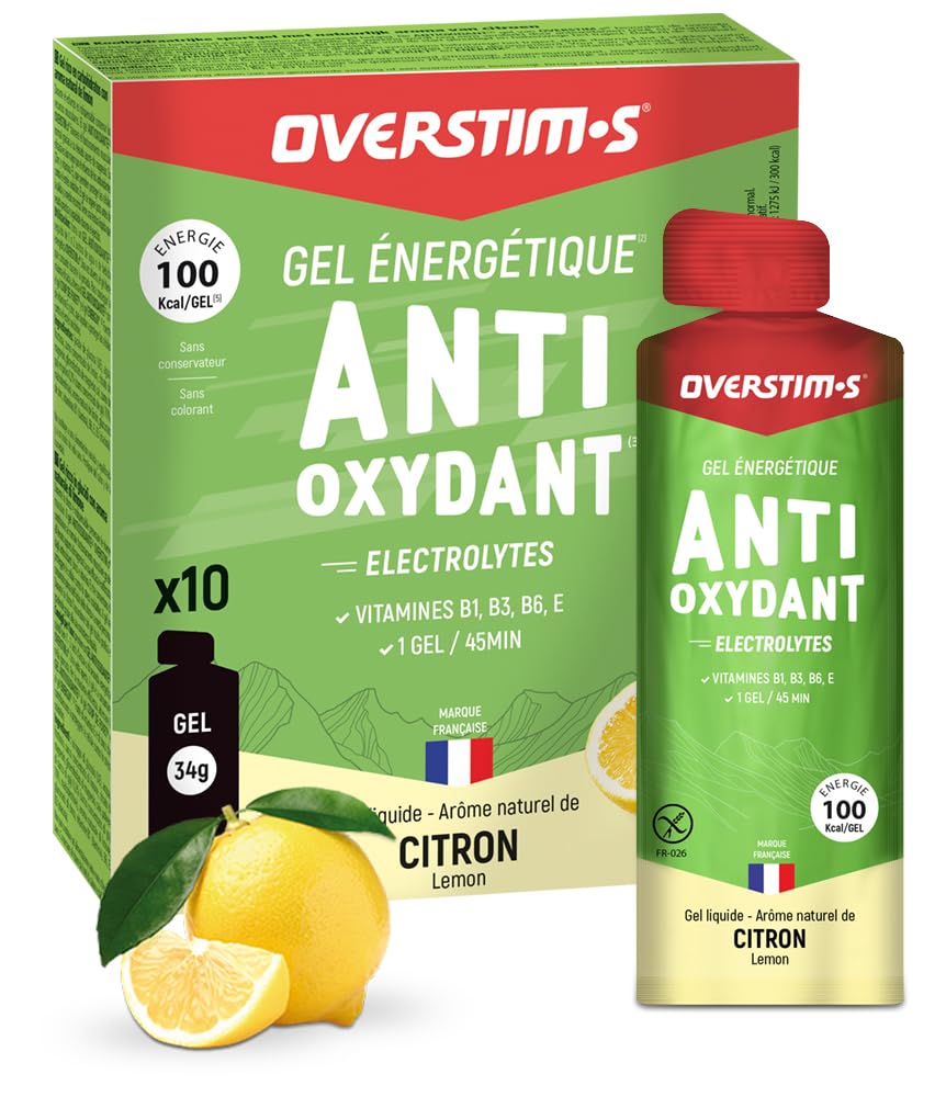 Overstim.s - Gel Antioxydant (10 sachets) - Gel énergétique pour le sport - Limite les crampes - Energie durable - Electrolytes (magnésium, sodium) - Réduit la fatigue - 100 kcal/gel - Saveur Citron
