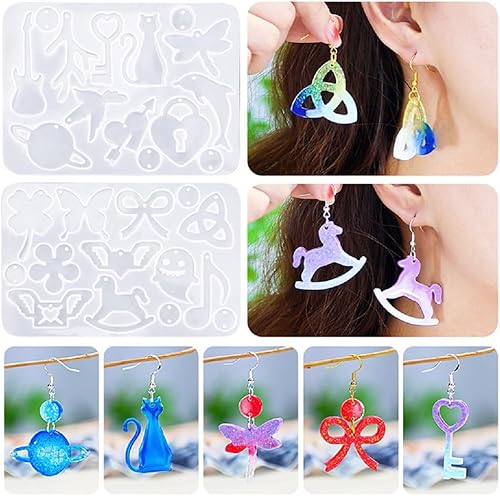 Zayookey 2 moldes de resina para aretes con agujero, moldes de joyería para resina epoxi, moldes de silicona para collares, llaveros, dijes de resina