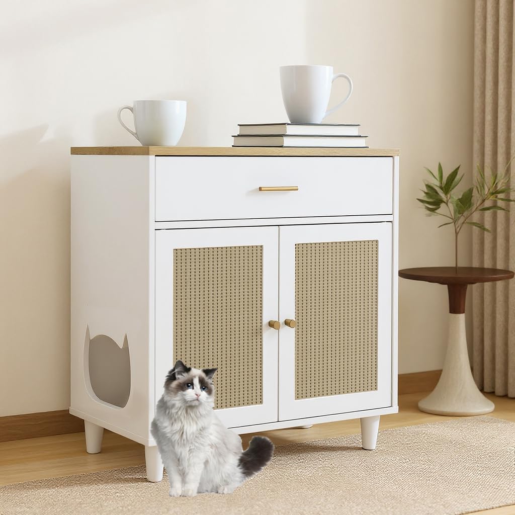 Tall Cat Litter Box Enclosure Furniture, 31.5'' Corner Hidden Cat Litter Box Cabinet with Storage Drawer and 2 Sisal Doors, Dog Proof Cats Kitten Cabinet White