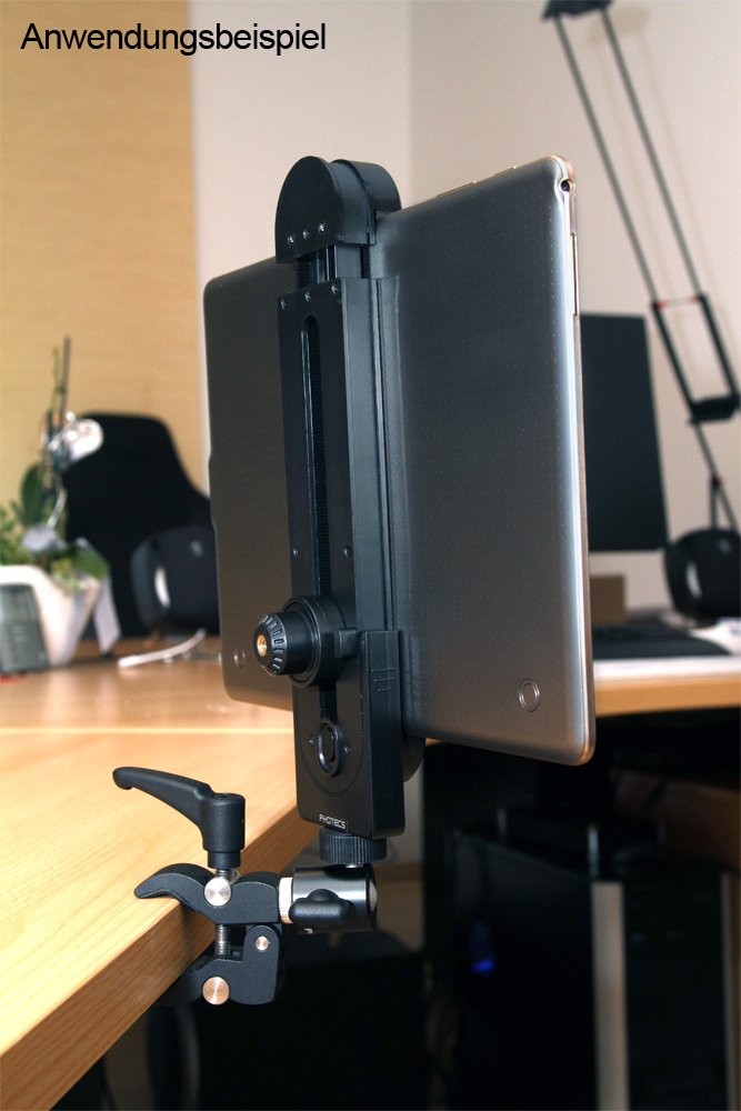 Universal Tablet-Halterung Pro V1B, Halter f. iPad Pro 12,9" oder andere Tablets und Smartphones von 5" bis 14 Zoll, Befestigung von Tablet-PC als Monitor an Stativ, Mikrofon-Ständer etc.