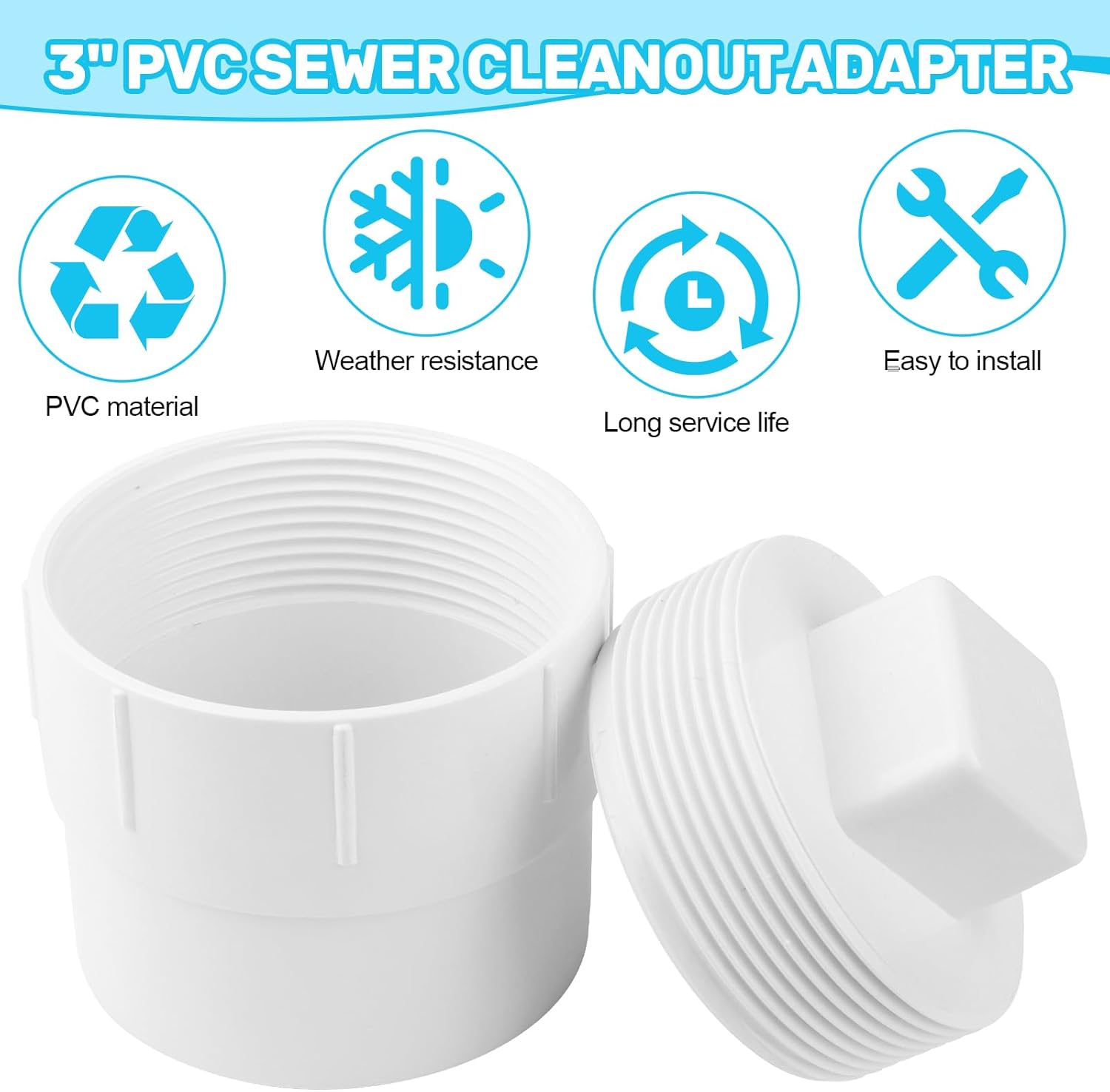 3" PVC Sewer Cleanout Adapter with Plug Pipe Fitting, PVC DWV Flush Sewer Cleaning Cap for Outdoor Garden and Garage Drainage Systems