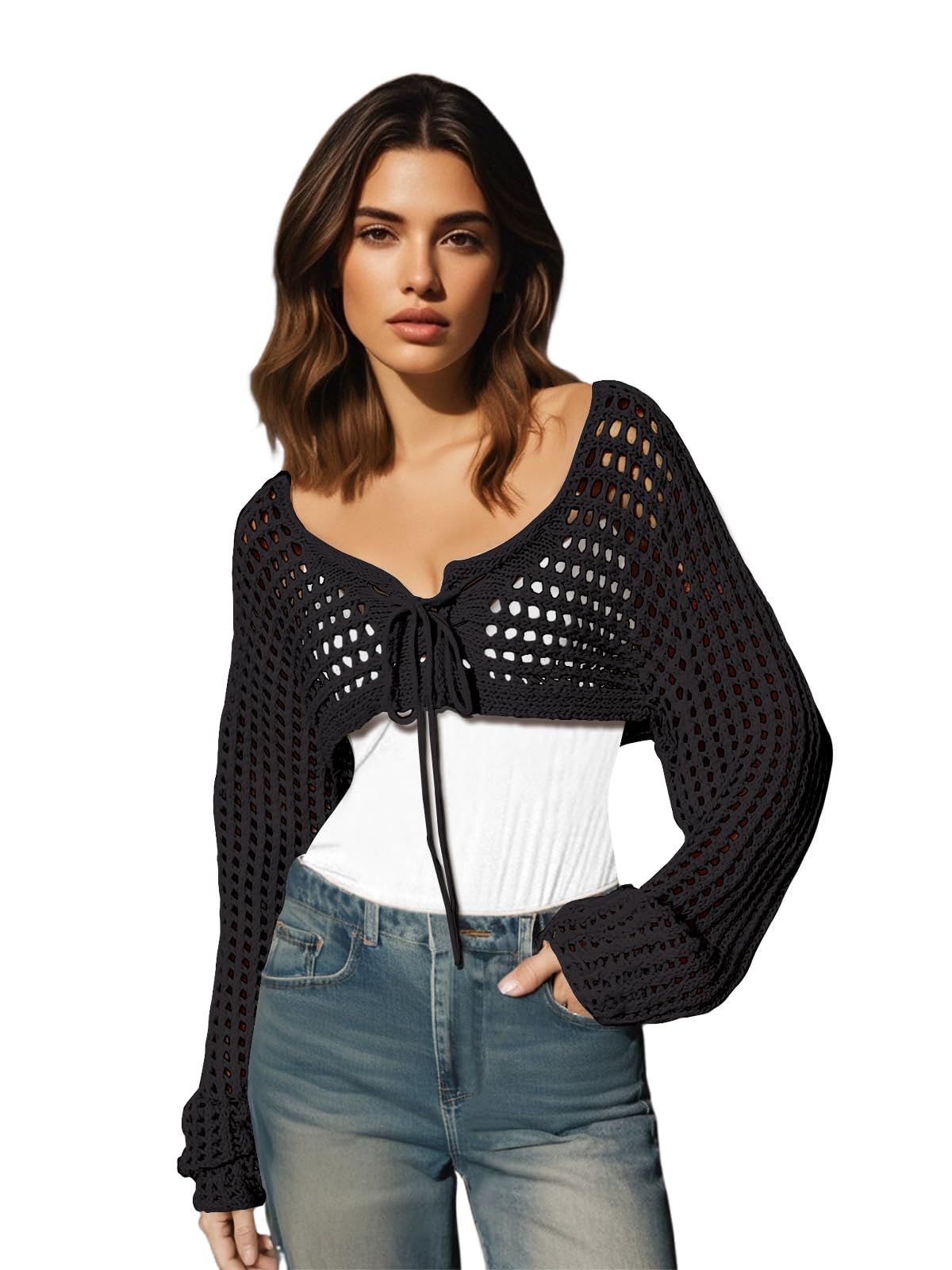 Womens Long Sleeve Crochet Shrug Tie Front Cropped Cardigan Sweaters Knit Bolero Outwear Tops