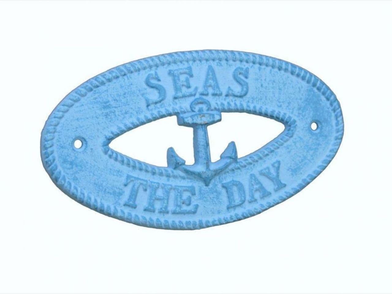 Hampton Nautical K-9305-light-blue Light Blue Whitewashed Cast Iron Seas The Day with Anchor Sign 8" - Decorative Metal Wall Art - Cast Iron