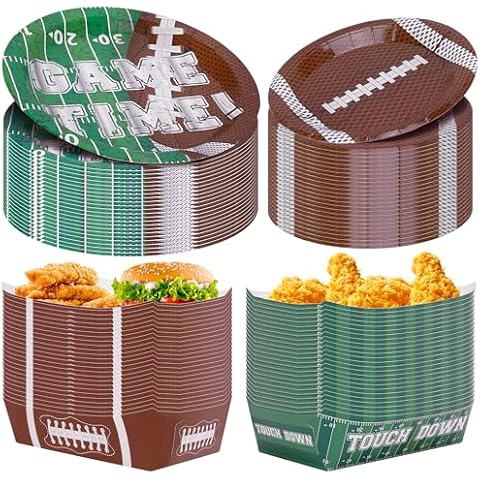 Wehhbtye 98 Pcs Football Paper Trays and Plates, Disposable Football Snack Serving Tray, Game Day Themed Party Food Supplies for Sports Theme Event Birthday Party Favor Supplies Table Decor Cover