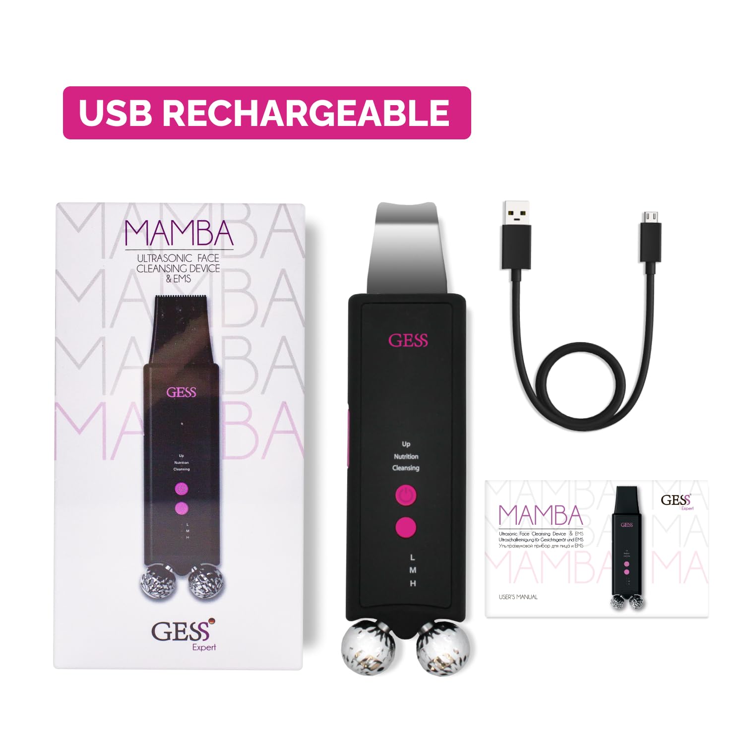 GESS EMS Massaggio & Peeling Ultrasuoni – Pulizia Pori & Doppio Mento, 3 Modalità per Pelle Tonica, Micro-Massaggio Ultrasuoni, Miostimolazione & Cura