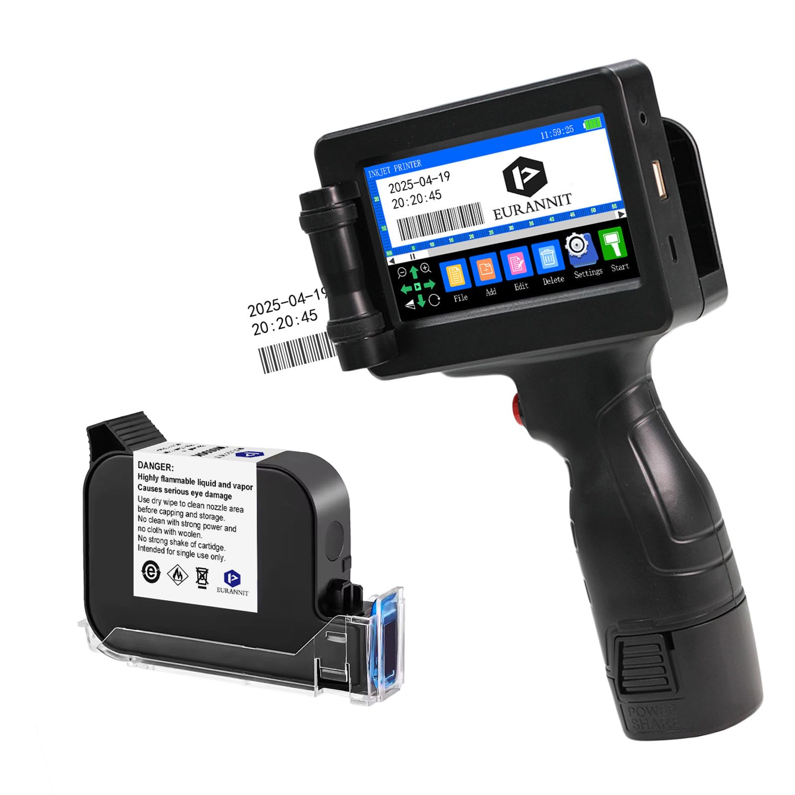 Eurannit Handheld Inkjet Printer E55 with W6900K Fast-Drying Ink Cartridge, Portable Handheld Printer Gun 0.5 Inch Nozzle for Serial Numbers Logo DIY