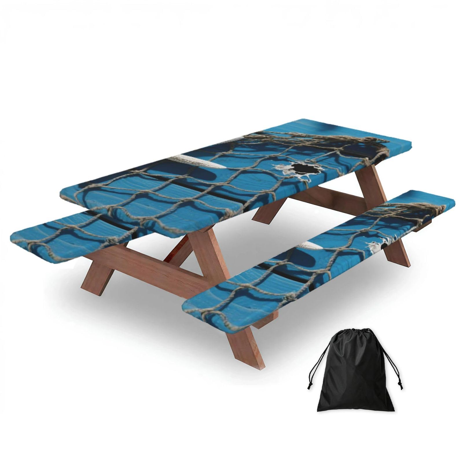 FekiLoot Starfish Shell Fishnet Picnic Table Cover with Bench Covers and Bag, Windproof Waterproof Rectangle Tablecloth with Elastic Edges Fitted Camping Table Covers for Picnic Party Travel