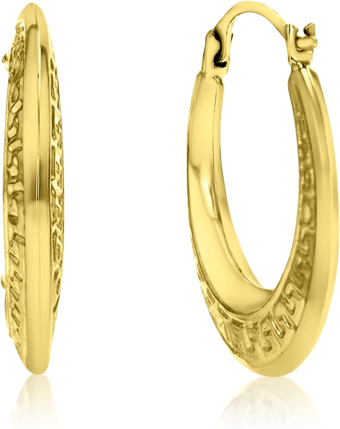 14K Yellow Gold 2x14mm-23mm Polished Textured Greek Key Design Lightweight Hoop Earrings - Image 2
