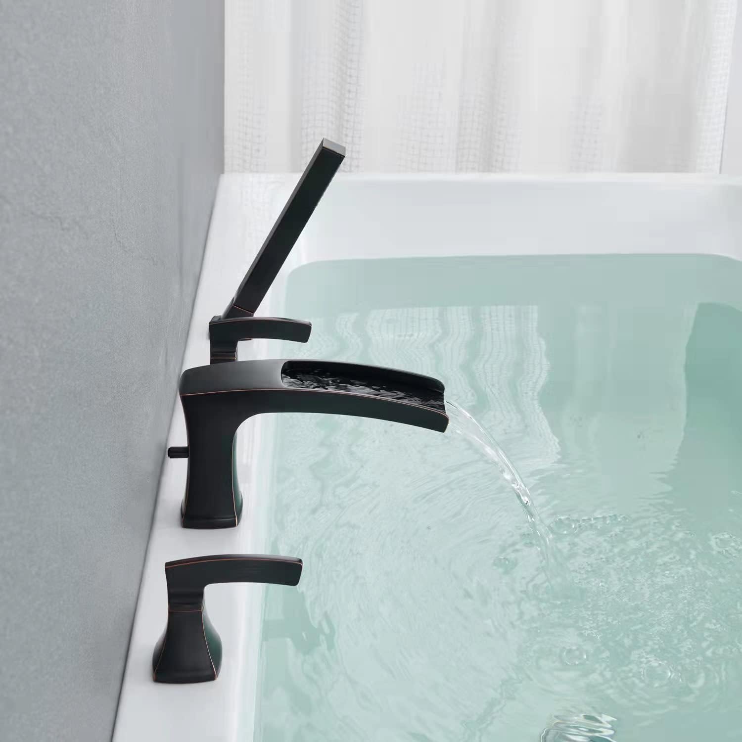 Waterfall Tub Filler Roman Tub Faucet Oil Rubbed Bronze Deck Mount Bathtub Faucets 4 Hole Brass Bathroom Faucets with Hand Shower