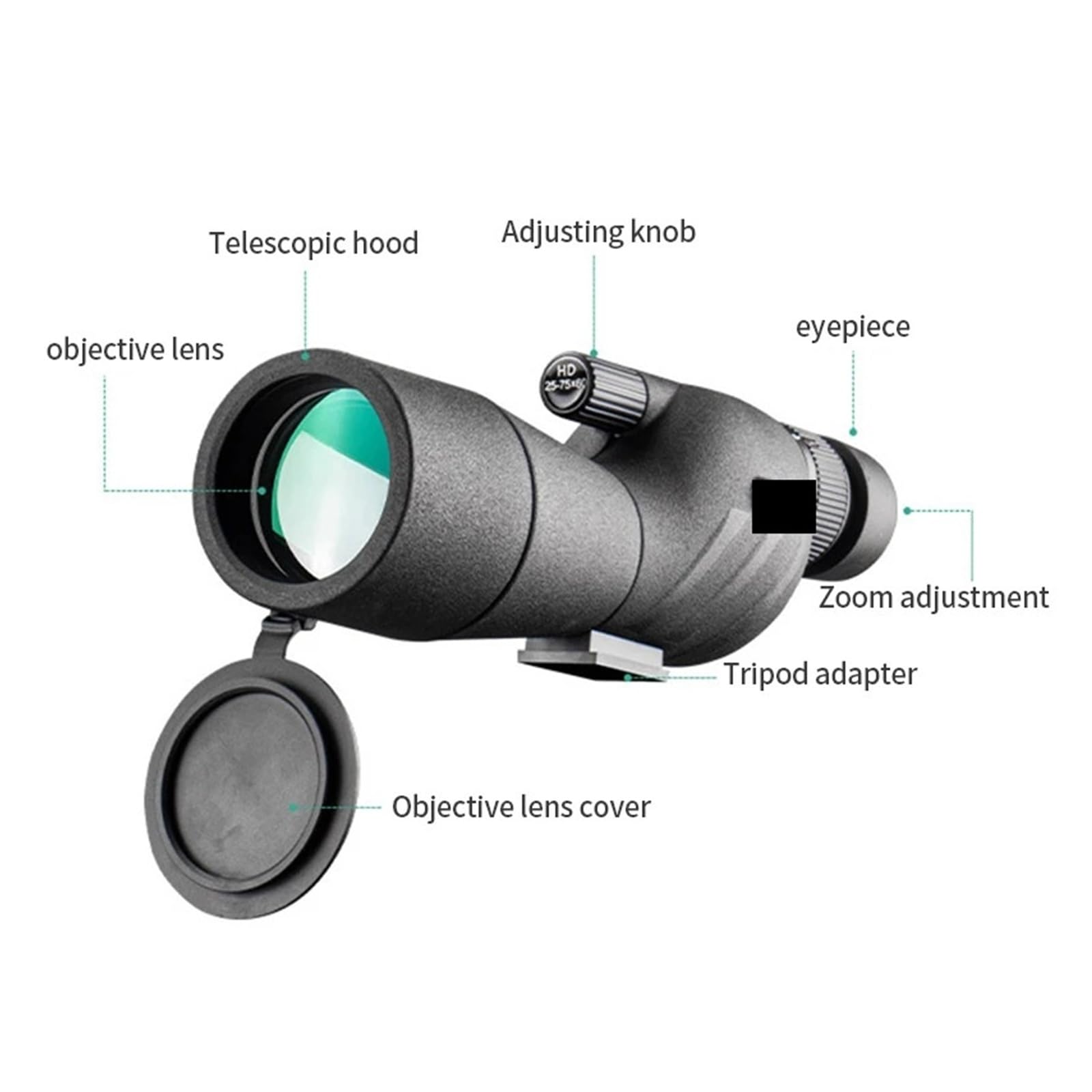 Cannocchiale da osservazione HD 25-75x60 Potente telescopio monoculare con zoom Prisma impermeabile for birdwatching, tiro al bersaglio, campeggio(With tripod and clip)