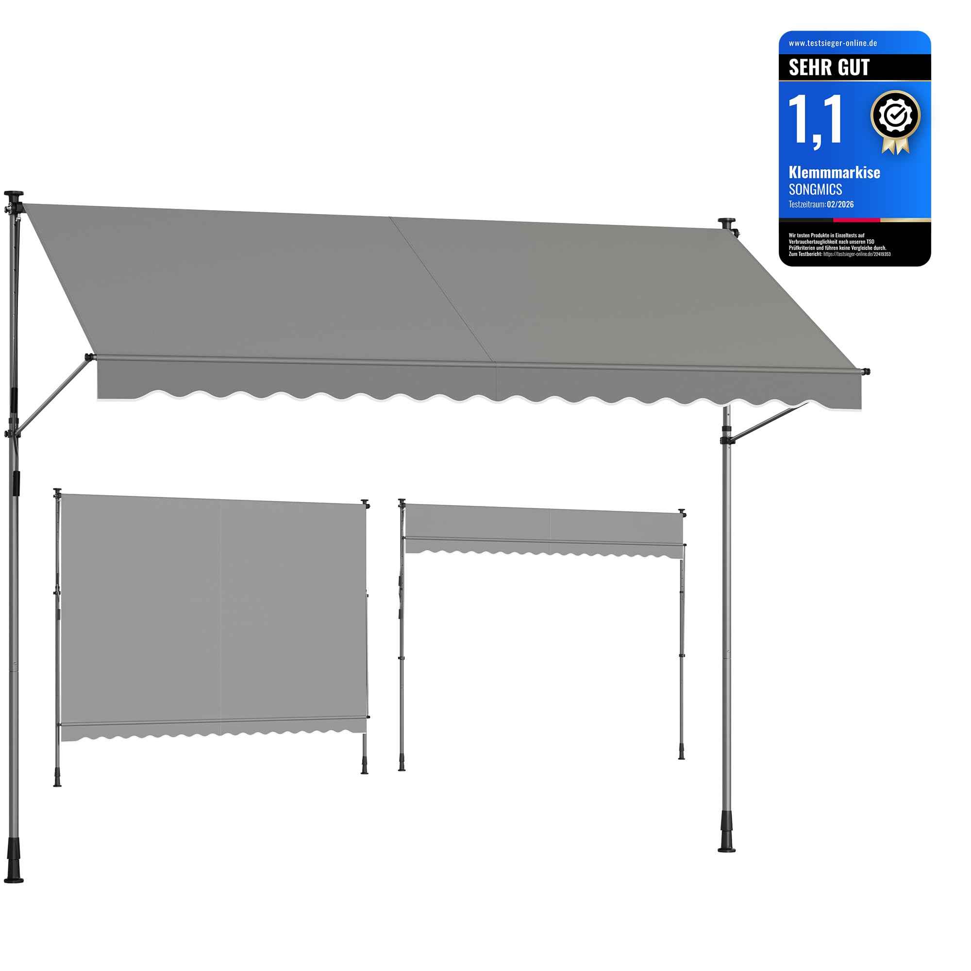 SONGMICS Klemmmarkise, Balkonmarkise, höhenverstellbar, mit Handkurbel, Sonnenschutz, für Balkon, Terrasse, Garten, 350 x 120 cm, grau GSA352G01