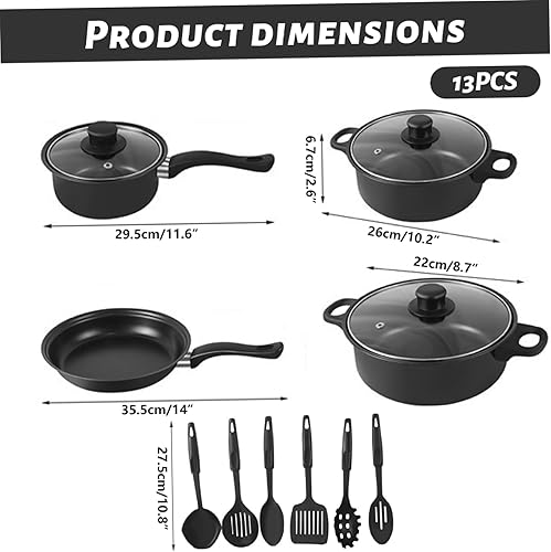 Miniatura 3 de Juego de ollas y sartenes antiadherentes, juego de utensilios de cocina de 13 piezas con sartenes, tapas de cacerola, espátula de cuchara y