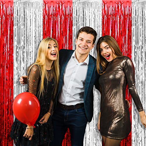Image of 4 Pack Silver Red Foil Fringe Curtain Backdrop, 3.28Ft x 8.2Ft Metallic Tinsel Foil Fringe Streamers Curtains for Photo Booth, Wedding, Circus Welcome Carnival Birthday Party Decoration