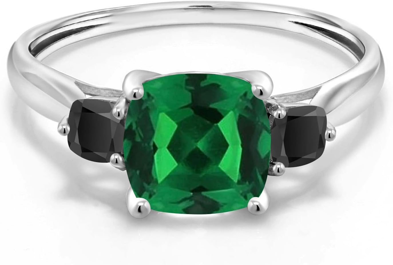 Gem Stone King 10K White Gold Green Nano Emerald and Black Onyx 3 Stone Engagement Ring For Women (0.91 Cttw, Cushion 7MM, Gemstone May Birthstone) - Image 2