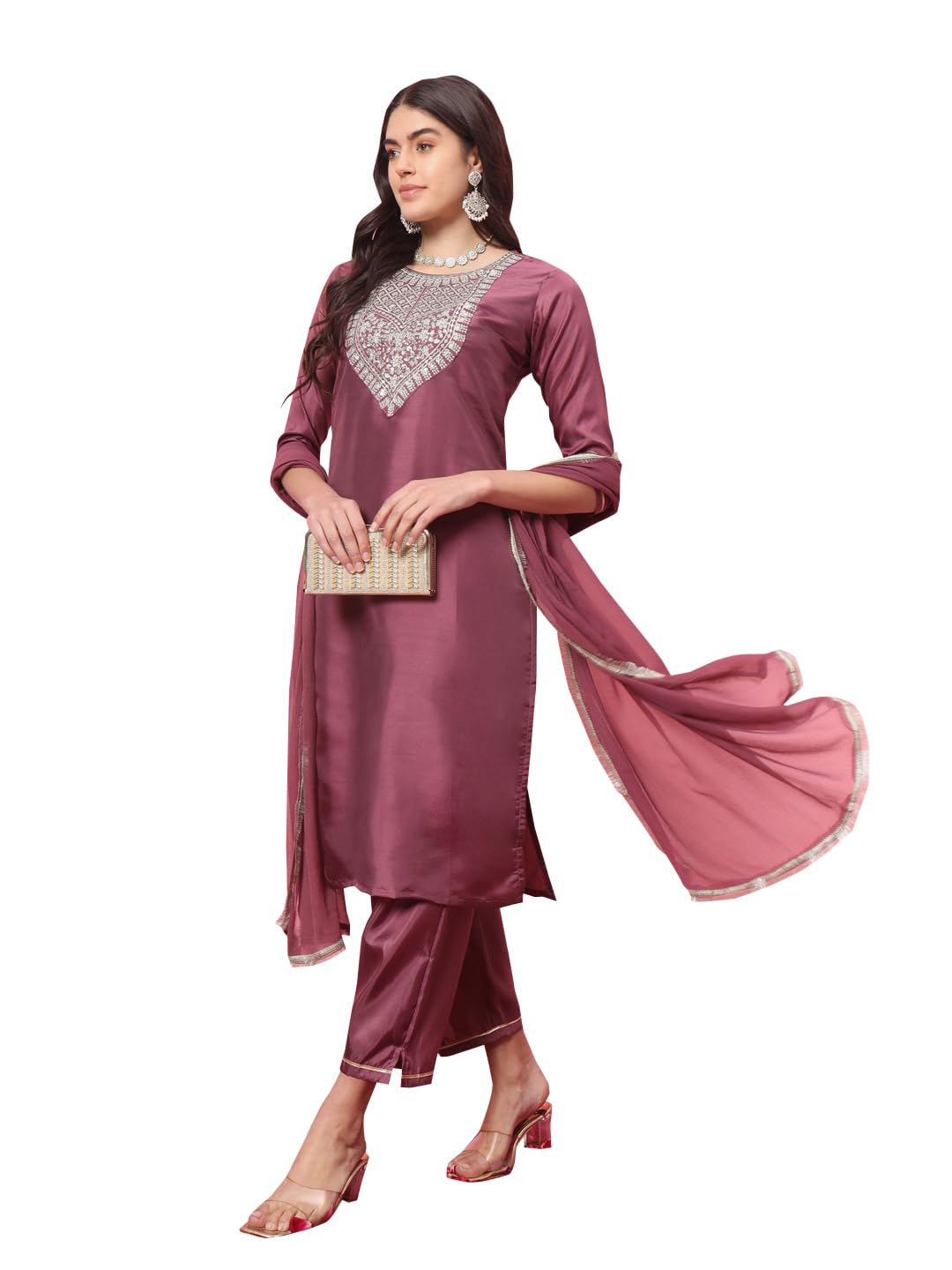 VredeVogel Women's Silk Blend Kurta Trouser With Dupatta Set With Nazmin Lace Border Design