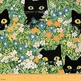 Feelyou Black Cat Fabric by The Yard Soft Flannel Kids 1 Yard Boys Girls Cat Lover's Gift Upholstery Fabric Botanical Print Indoor Decor for Home DIY Projects Floral Pattern Nature Theme