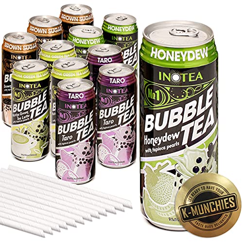 K-Munchies Inotea Bubble Tea in a Can - 12 Pack Tall Canned Boba Milk Tea - 16.6 Oz Instant Boba Drink - Honeydew Melon, Brown Sugar, Matcha Green Tea Latte, and Taro Flavors - Includes Boba Straw