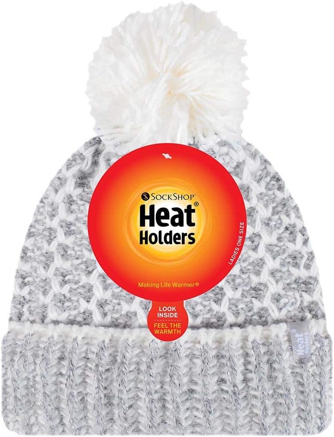 HEAT HOLDERS - Womens Fleece Lined Cuffed Thermal Winter Bobble Hat with Pom Pom