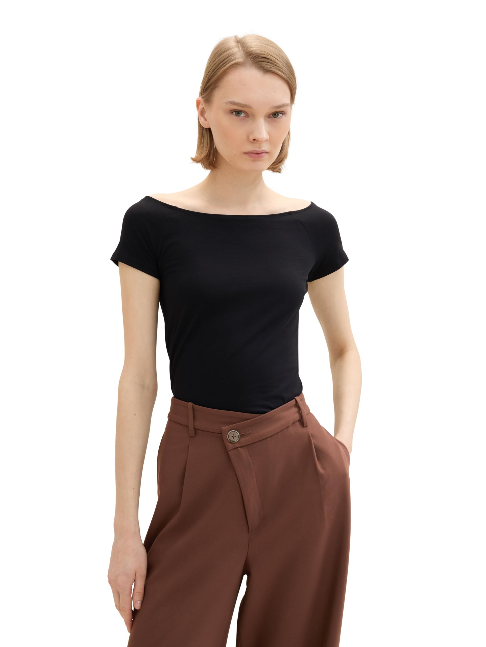 TOM TAILOR Denim Women's T-Shirt with Ribbed Structure, 14482 - Deep Black, XS