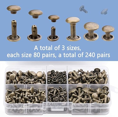 Miniatura 3 de TLKKUE 240 juegos de remaches para cuero, remaches de cuero, 3 tamaños, remaches de cuero de doble tapa para manualidades de cuero,