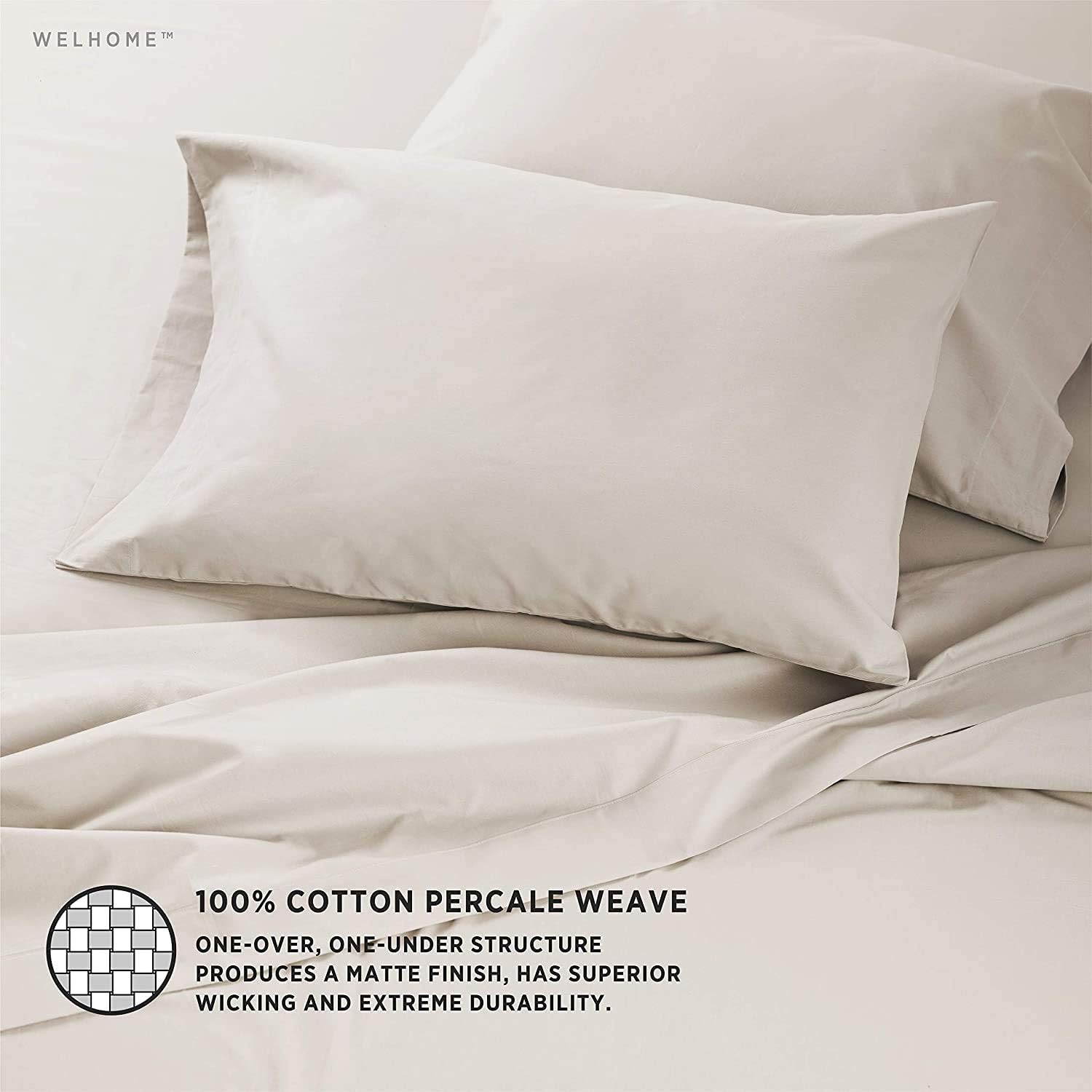 Welhome Soft Finish 100% Cotton Percale Sheet | 3 Piece Set | Twin XL Size | Fawn | 300 Thread Count | Deep Pocket Fitted Sheet Fits Mattress Upto 18" | Soft & Cool | Breathable | Durable | Easy Fit