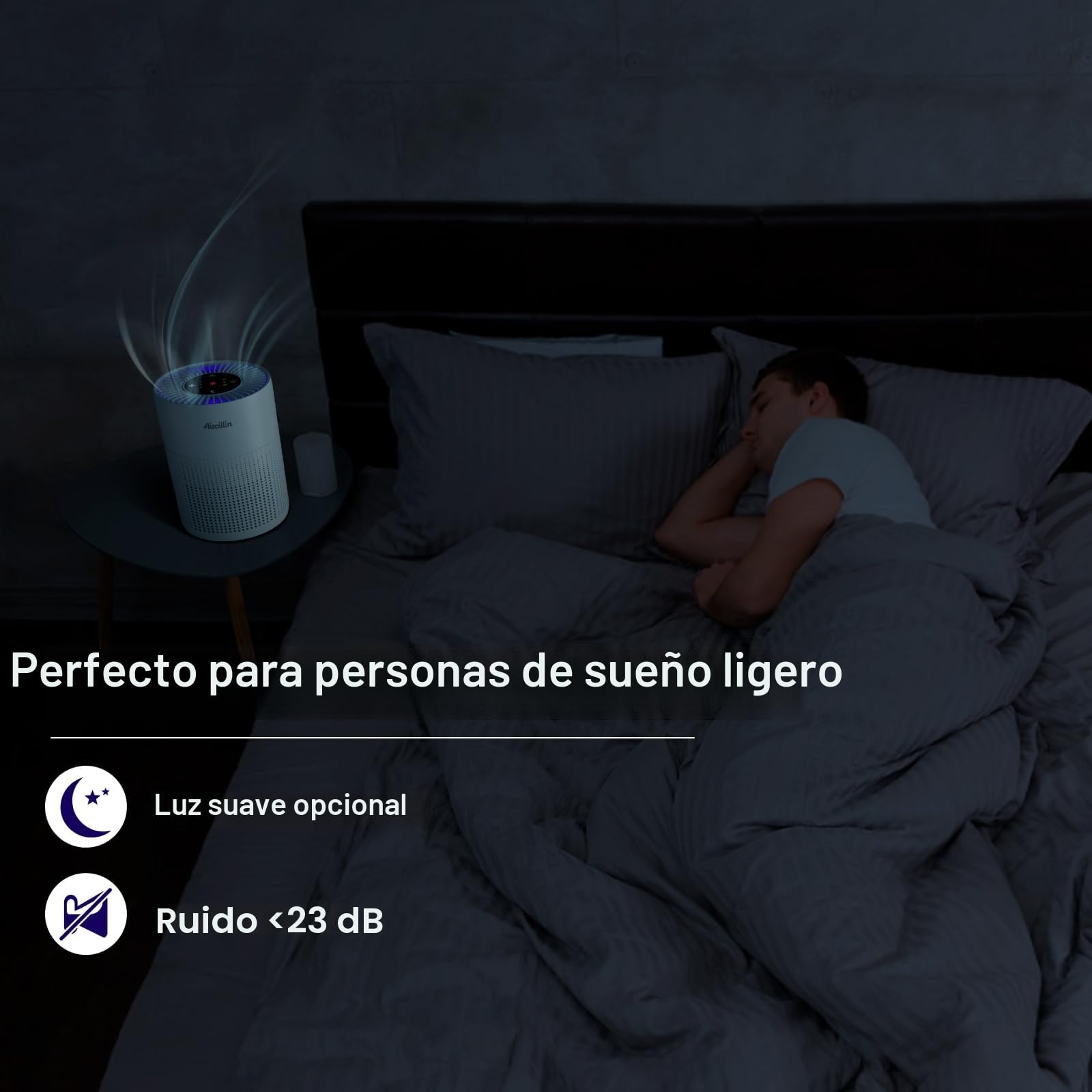 Aircillin Purificador de Aire con Filtro HEPA, Purificador de Aire para Alergias, 6W, Air Purifier Elimina el 99,97% de alérgenos, polen, olores, humo y caspa, con 23 dB, Temporizador y Luz nocturna