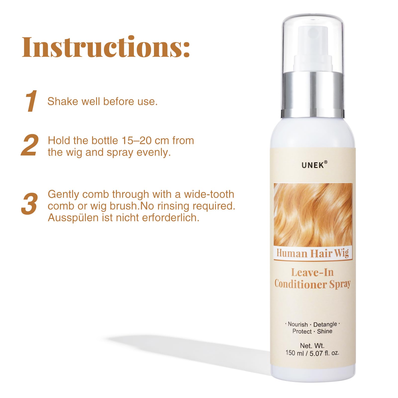 UNEK Acondicionador en spray sin enjuague para pelucas de cabello humano: hidratación ligera anti-frizz, aporta brillo y suavidad a pelucas, extensiones y postizos de cabello humano, 150 ml