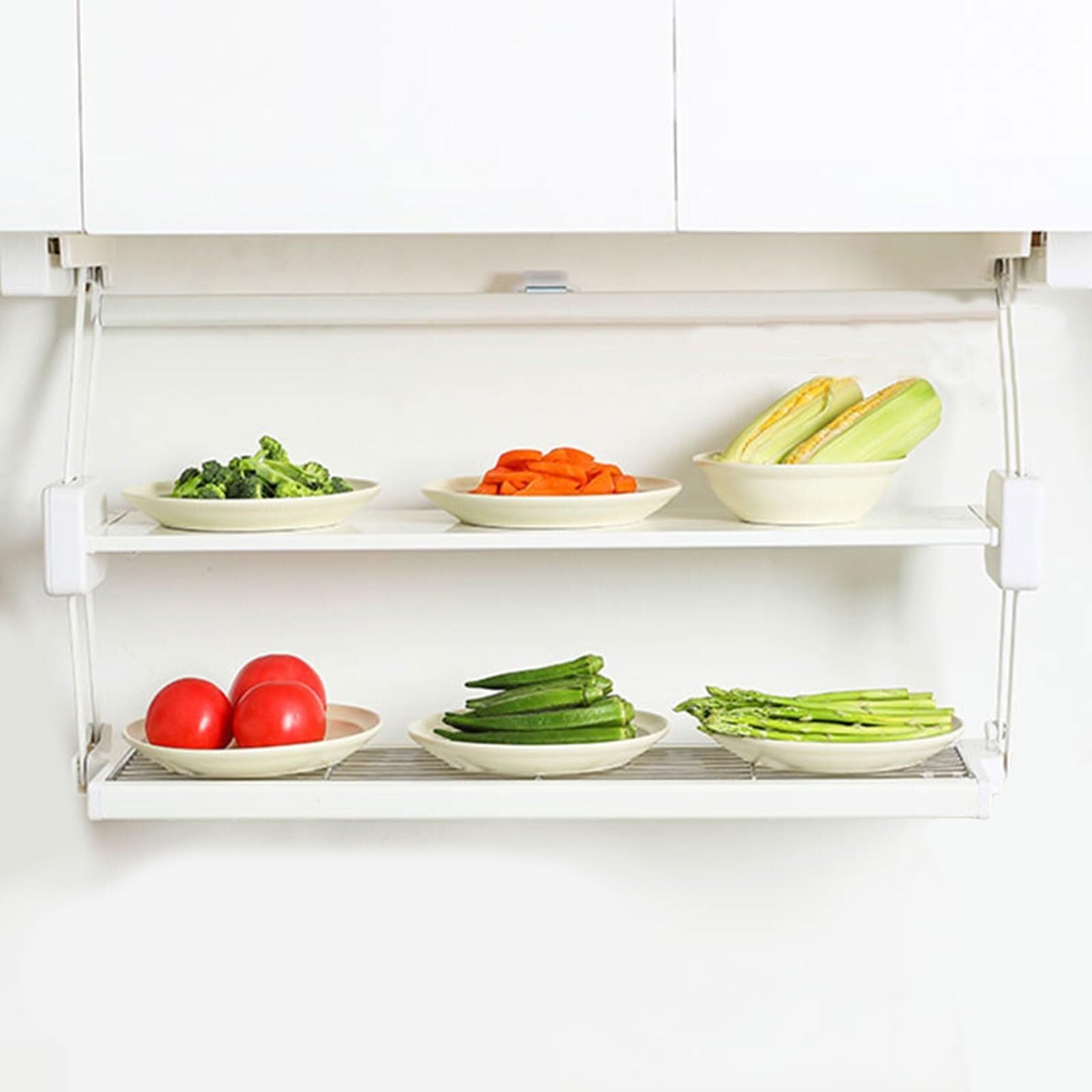 WLH Alexanders 2 Tier Pull-Out Cabinet Organizer Drop Down Shelf Pull-Down Dish and Spice Rack System Inner Space Saving Plate dish rack(Wei�,700mm)