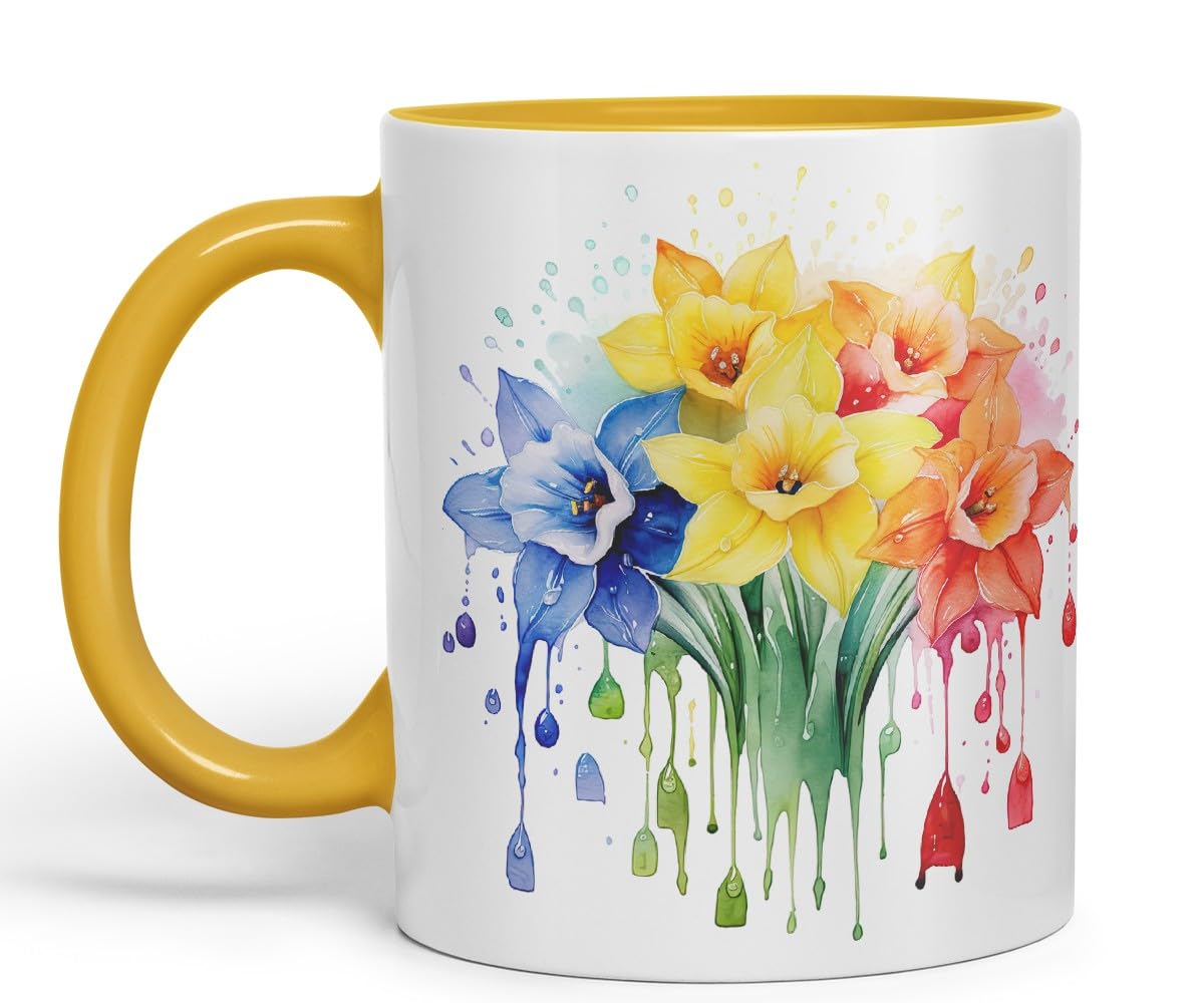 Vixar Daffodil Spring Flower Mug Coloured Ceramic Mug Cup Gift, 11oz (Gold Yellow)